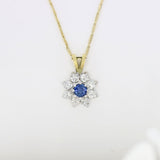 18ct Yellow & White Gold Sapphire & Diamond Flower Cluster Pendant & 18ct Chain