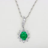18ct White Gold Oval Emerald & Diamond Cluster Pendant Drop Pendant in 18ct Gold Chain