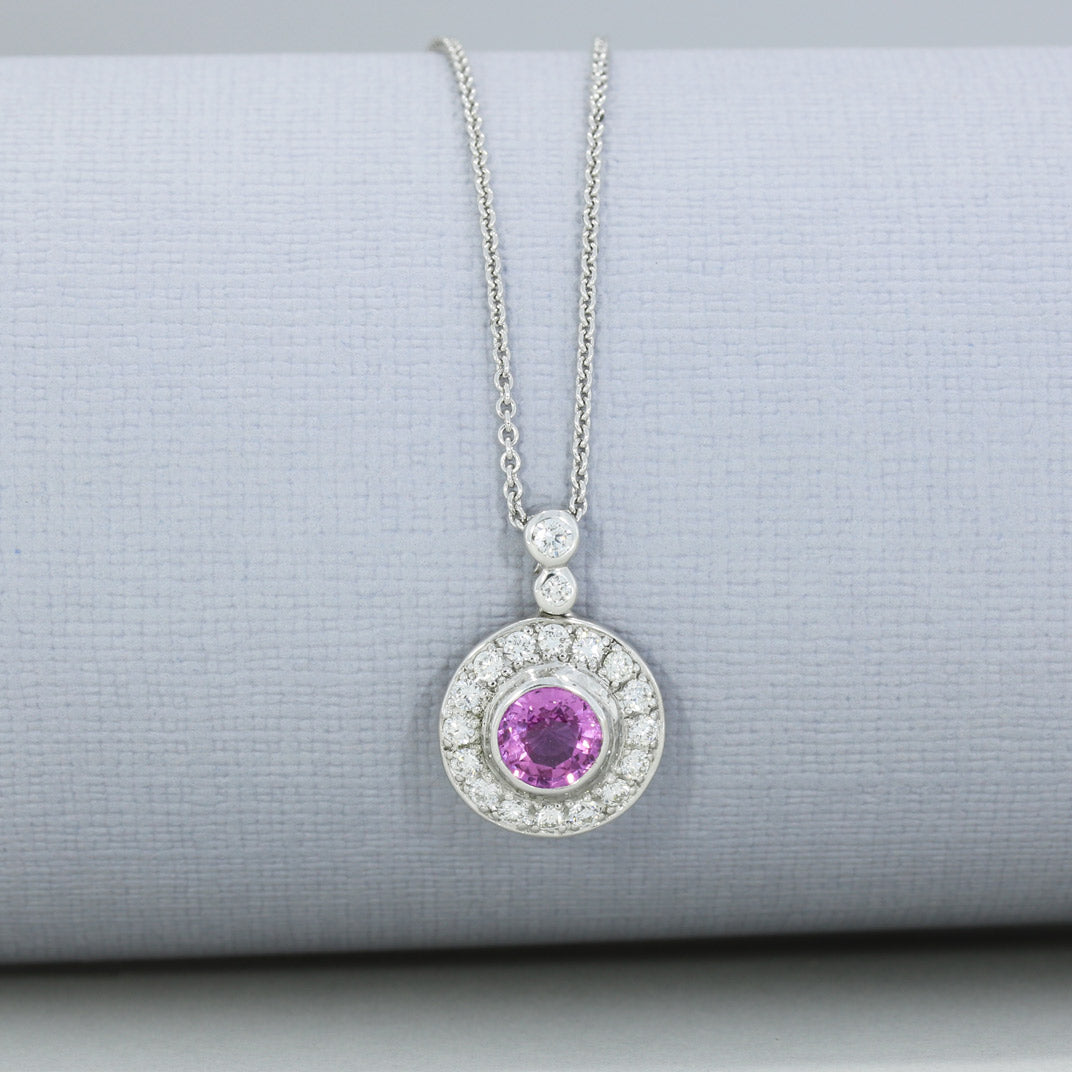 18ct White Gold Pink Sapphire and Diamond Halo Pendant 18" Chain