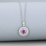 18ct White Gold Pink Sapphire and Diamond Halo Pendant 18" Chain