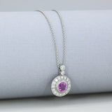 18ct White Gold Pink Sapphire and Diamond Halo Pendant 18" Chain