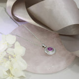 18ct White Gold Pink Sapphire and Diamond Halo Pendant 18" Chain