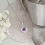 18ct White Gold Pink Sapphire and Diamond Halo Pendant 18" Chain