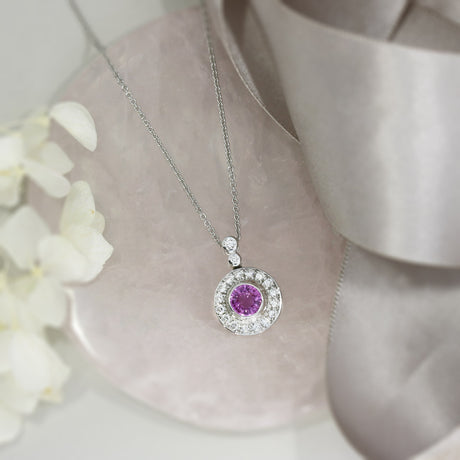 18ct White Gold Pink Sapphire and Diamond Halo Pendant 18" Chain