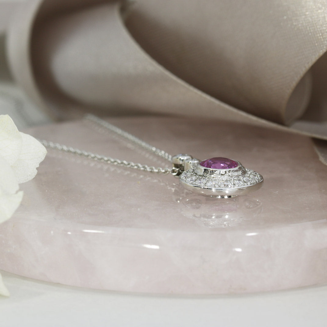 18ct White Gold Pink Sapphire and Diamond Halo Pendant 18" Chain