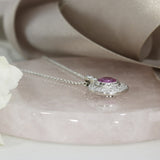 18ct White Gold Pink Sapphire and Diamond Halo Pendant 18" Chain