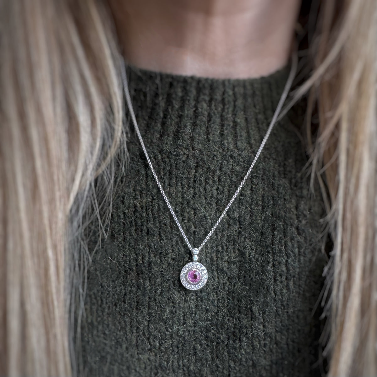 18ct White Gold Pink Sapphire and Diamond Halo Pendant 18" Chain