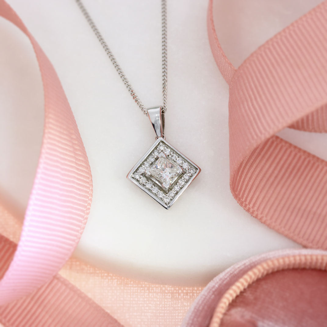 18ct White Gold Square Diamond Cluster Pendant on 18ct 16 Inch Chain 0.64ct