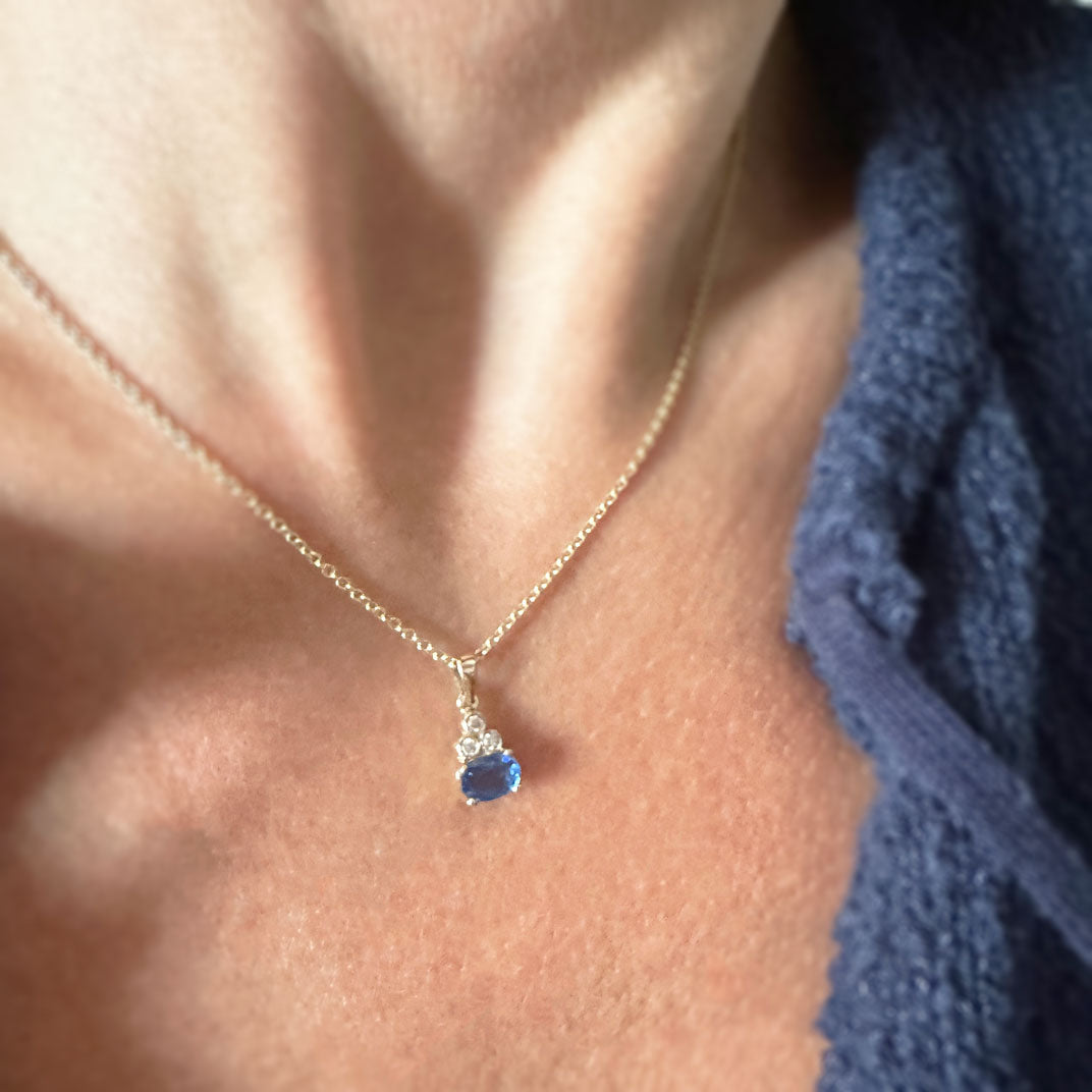 9ct Yellow Gold Oval Sapphire & Diamond Pendant on 18inch 9ct Yellow Chain