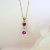 9ct Yellow Gold 3 Stone Ruby & Diamond Drop Pendant 9ct 18" Chain