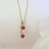 9ct Yellow Gold 3 Stone Ruby & Diamond Drop Pendant 9ct 18" Chain