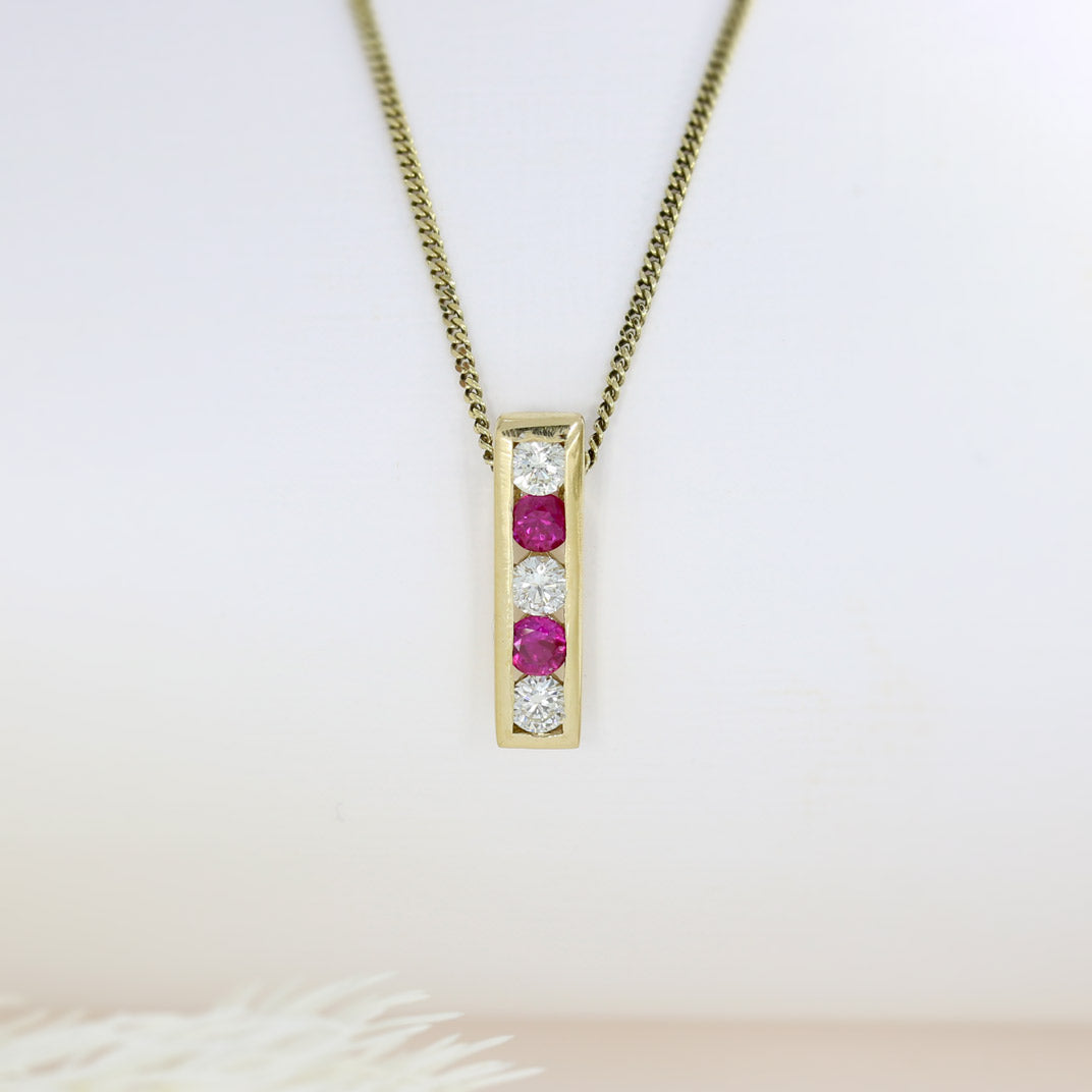 18ct Yellow Gold Ruby & Diamond Drop Pendant on 9ct 16" Chain