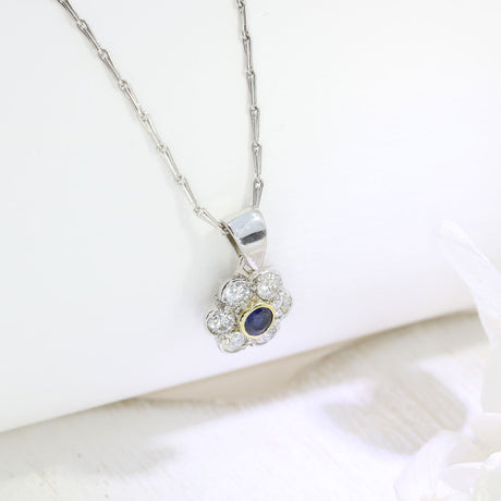 18ct White Gold Sapphire & Diamond Flower Cluster Pendant 16" Hayseed Chain