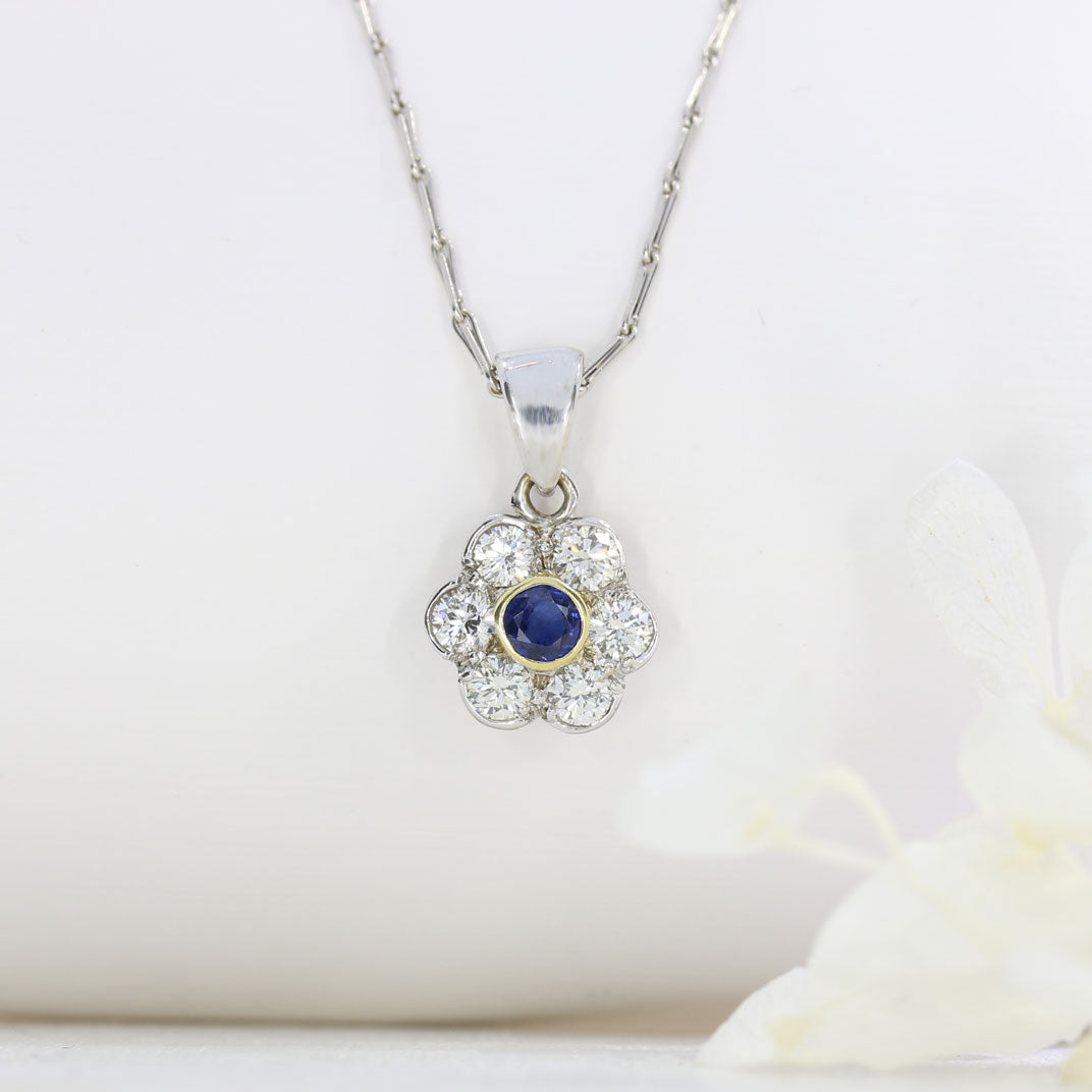 18ct White Gold Sapphire & Diamond Flower Cluster Pendant 16" Hayseed Chain