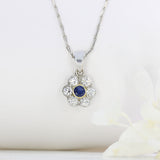 18ct White Gold Sapphire & Diamond Flower Cluster Pendant 16" Hayseed Chain