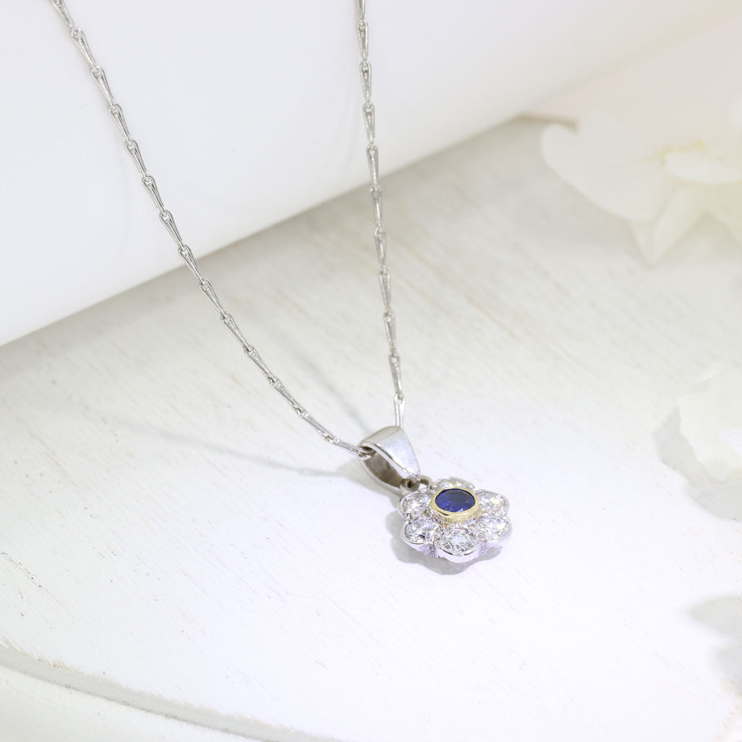 18ct White Gold Sapphire & Diamond Flower Cluster Pendant 16" Hayseed Chain