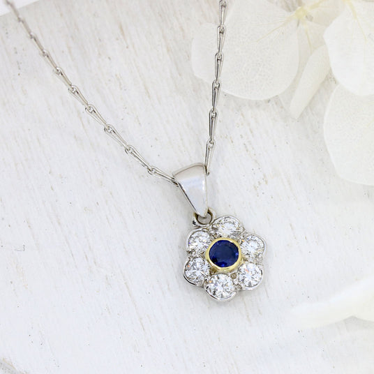 18ct White Gold Sapphire & Diamond Flower Cluster Pendant 16" Hayseed Chain