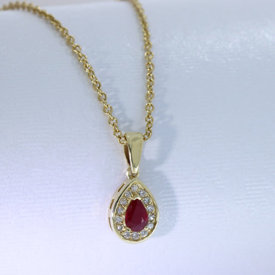 9ct Yellow Gold Ruby & Diamond Halo Pendant With 18" 9ct Chain