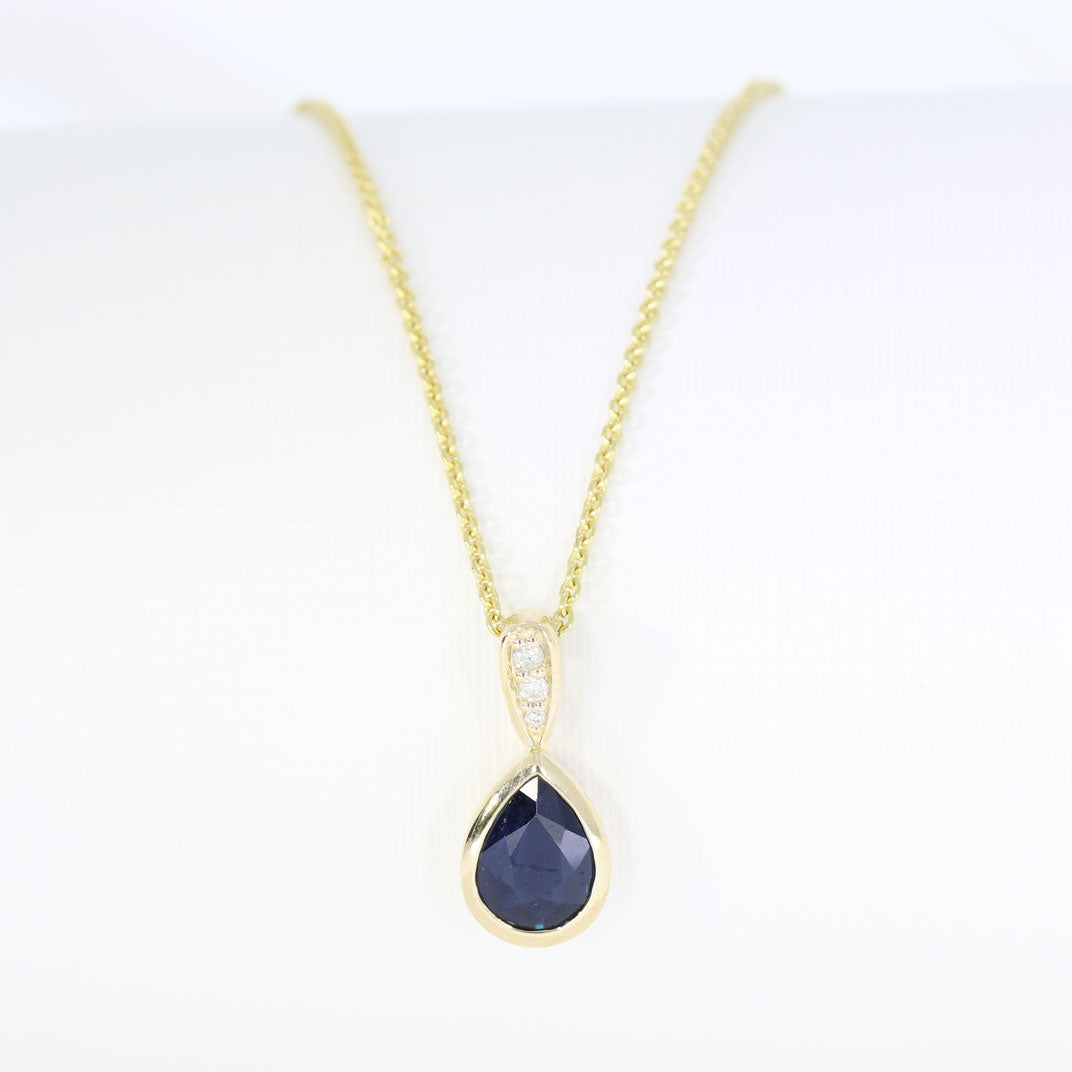 9ct Yellow Gold Pear Shape Sapphire & Diamond Pendant on 9ct Gold 18inch Chain