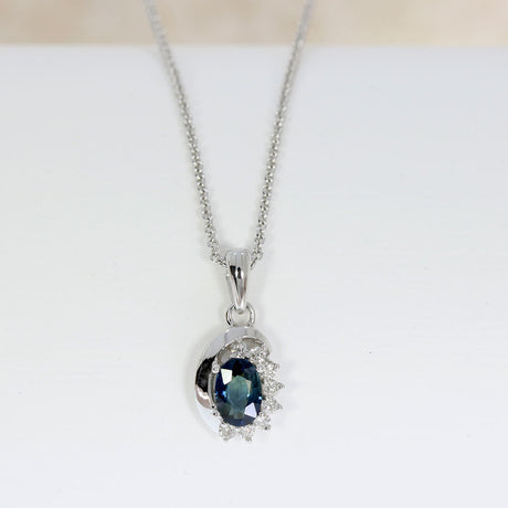 9ct White Gold Oval Sapphire & Diamond Pendant on a 9ct Gold 20" Chain