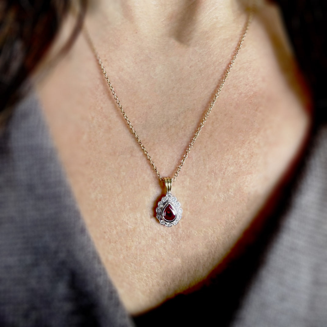 18ct Gold Ruby & Diamond Cluster Pendant on a 20inch 9ct Gold Chain