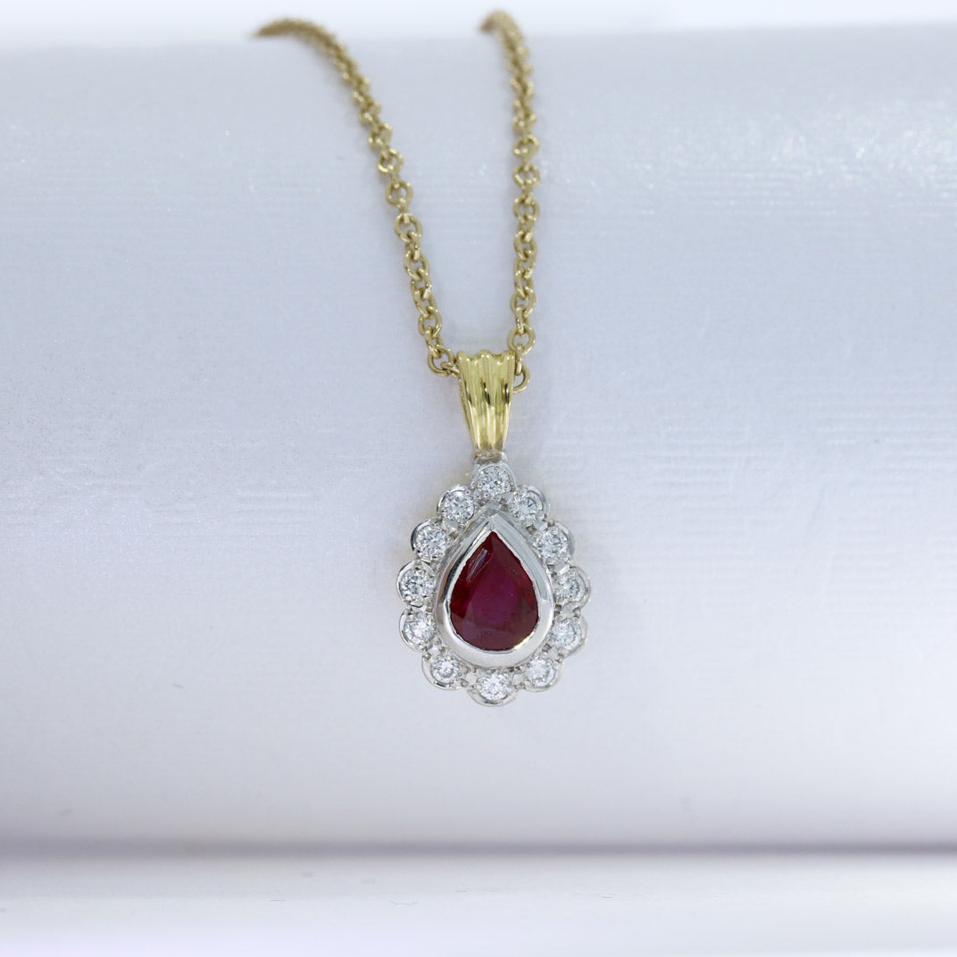 18ct Gold Ruby & Diamond Cluster Pendant on a 20inch 9ct Gold Chain