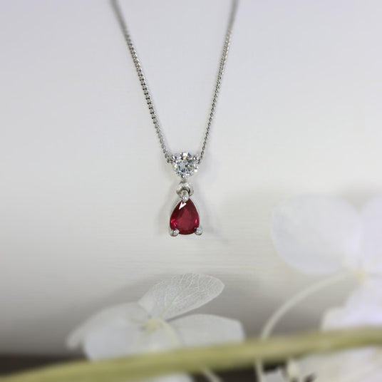 9ct White Gold Pear Shaped Ruby & Diamond Pendant on 9ct 18inch Chain