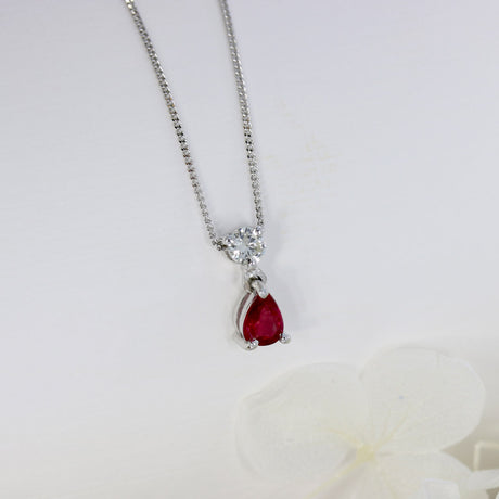 9ct White Gold Pear Shaped Ruby & Diamond Pendant on 9ct 18inch Chain