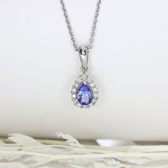 9ct White Gold Pear Shape Tanzanite & Diamond Pendent On 9ct Gold Fine Chain 18 inch
