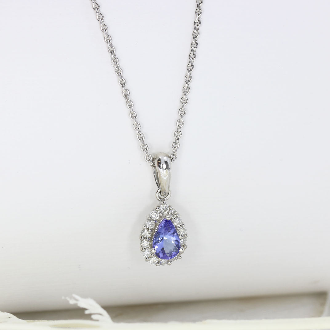 9ct White Gold Pear Shape Tanzanite & Diamond Pendent On 9ct Gold Fine Chain 18 inch