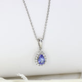 9ct White Gold Pear Shape Tanzanite & Diamond Pendent On 9ct Gold Fine Chain 18 inch
