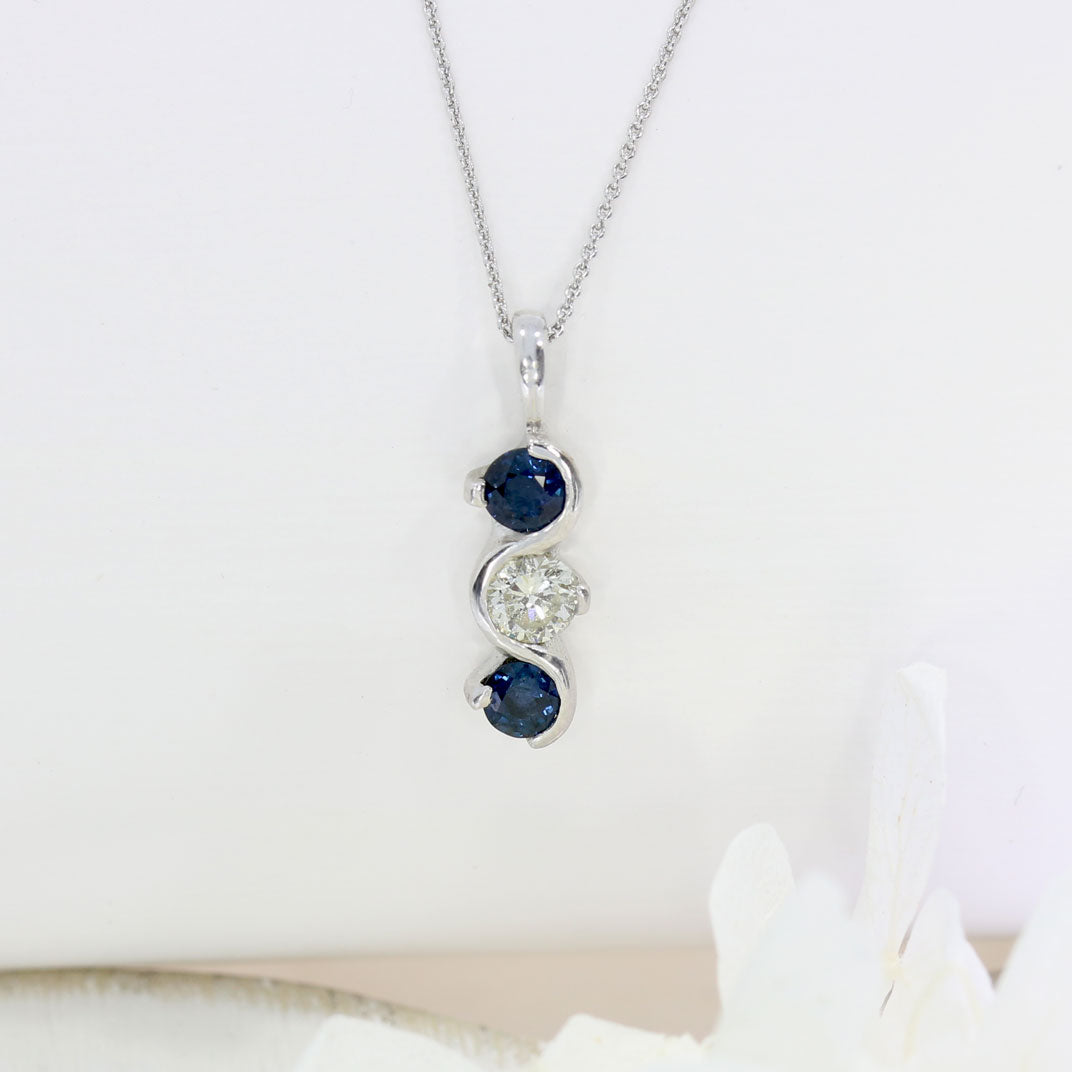 9ct White Gold Sapphire & Diamond Rub over & Claw Set 3 Stone Pendant 20" Chain