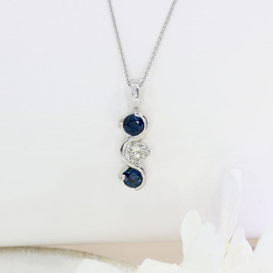 9ct White Gold Sapphire & Diamond Rub over & Claw Set 3 Stone Pendant 20" Chain