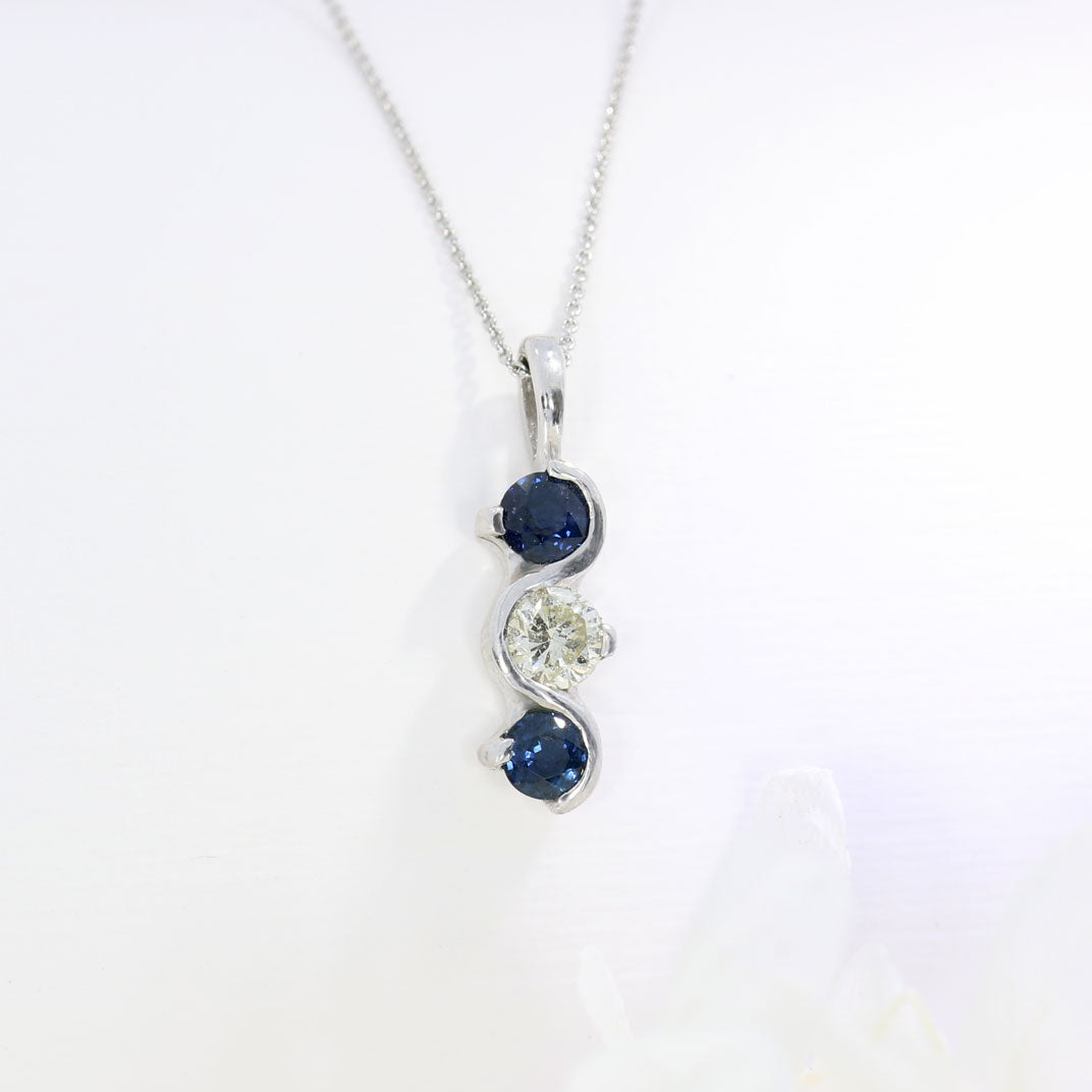 9ct White Gold Sapphire & Diamond Rub over & Claw Set 3 Stone Pendant 20" Chain