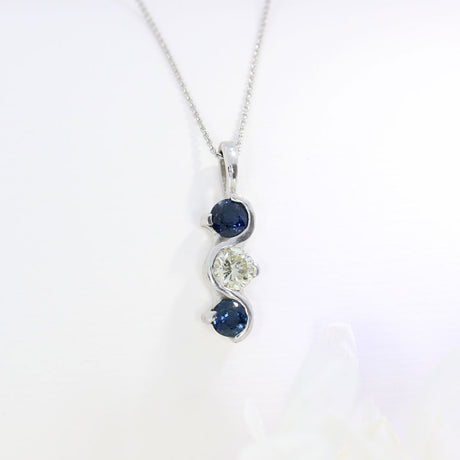 9ct White Gold Sapphire & Diamond Rub over & Claw Set 3 Stone Pendant 20" Chain