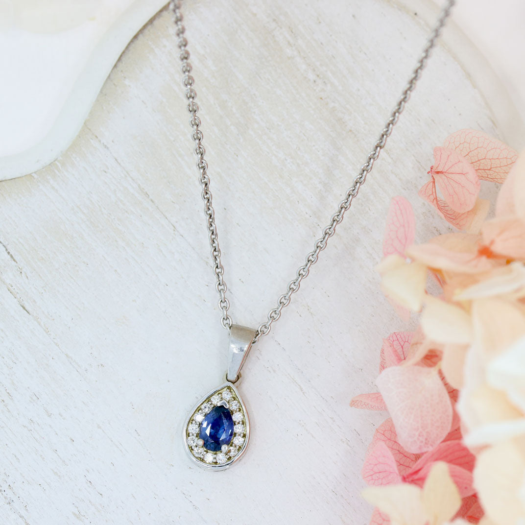 9ct White Gold Pear Shape Sapphire & Diamond Halo Pendant On an 9ct 18" Chain