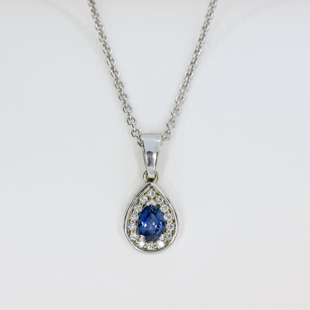9ct White Gold Pear Shape Sapphire & Diamond Halo Pendant On an 9ct 18" Chain