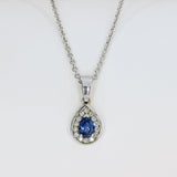 9ct White Gold Pear Shape Sapphire & Diamond Halo Pendant On an 9ct 18" Chain