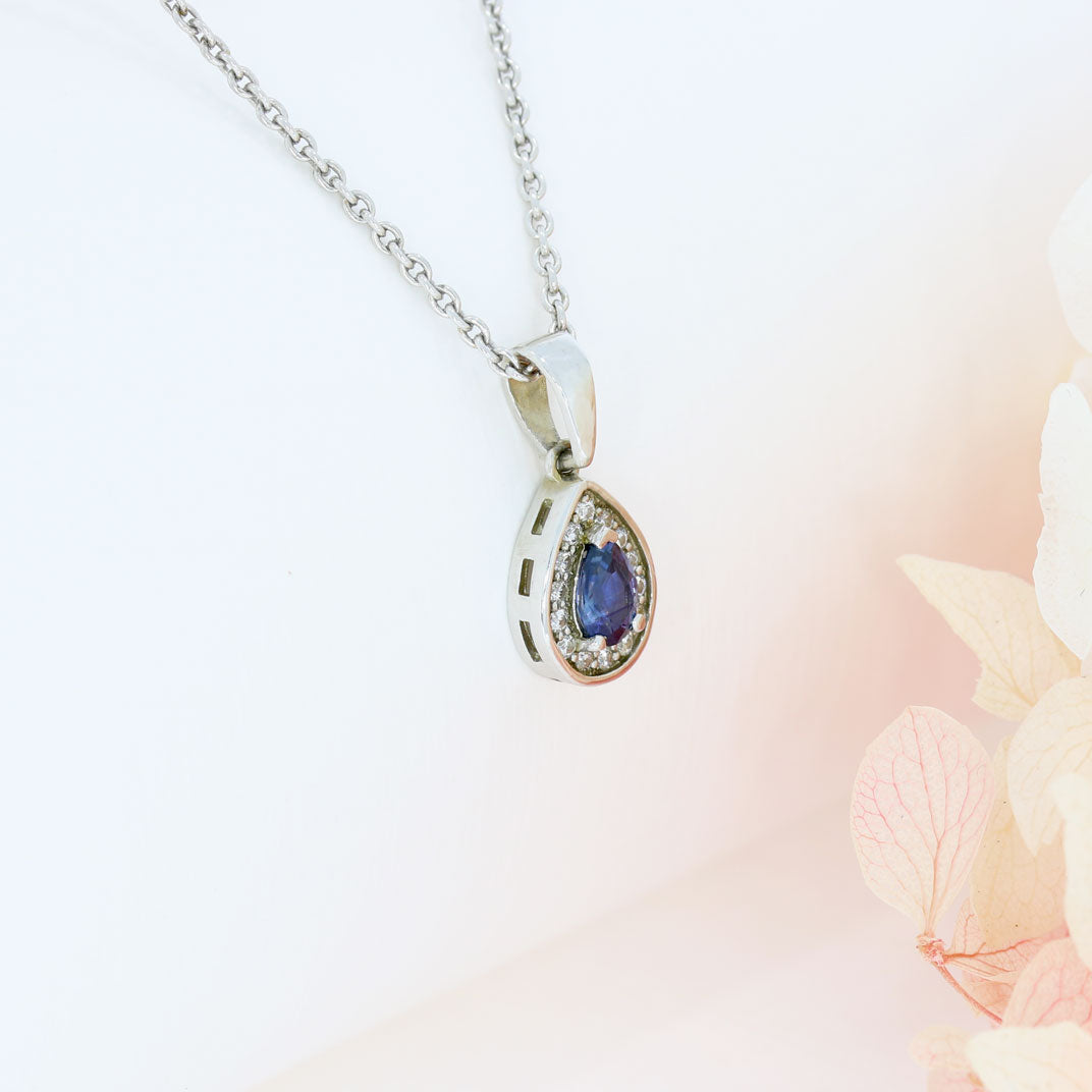 9ct White Gold Pear Shape Sapphire & Diamond Halo Pendant On an 9ct 18" Chain