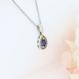 9ct White Gold Pear Shape Sapphire & Diamond Halo Pendant On an 9ct 18" Chain