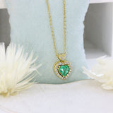 18ct Yellow Gold Heart Shape Emerald & Diamond Cluster Halo Pendant with 18ct 18inch Chain