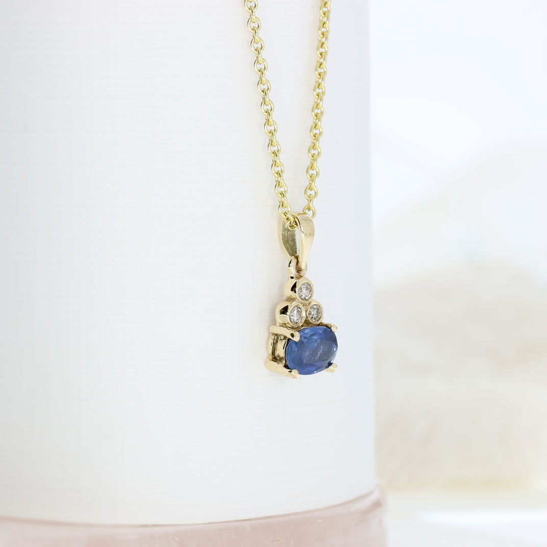 9ct Yellow Gold Oval Sapphire & Diamond Pendant on 18inch 9ct Yellow Chain