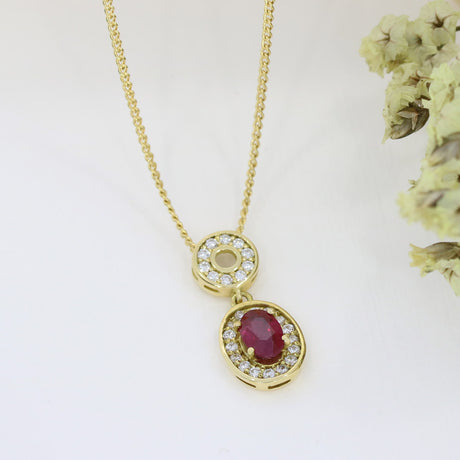 18ct Yellow Gold Ruby & Diamond Halo Pendant on an 18ct 18''Chain
