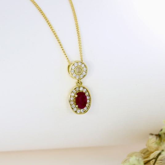 18ct Yellow Gold Ruby & Diamond Halo Pendant on an 18ct 18''Chain