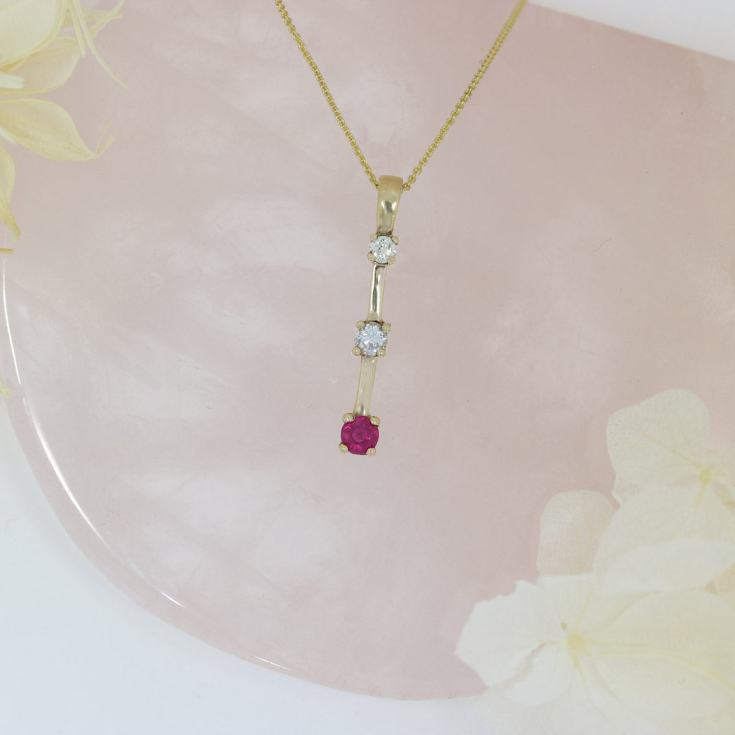 9ct Yellow Gold Ruby & Diamond Drop Pendant With 18" 9ct Chain