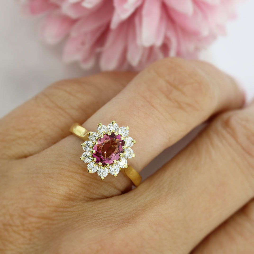 18ct Yellow Gold Oval Pink Tourmaline & Diamond Cluster Ring