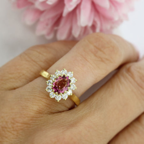 18ct Yellow Gold Oval Pink Tourmaline & Diamond Cluster Ring