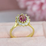 18ct Yellow Gold Oval Pink Tourmaline & Diamond Cluster Ring