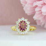 18ct Yellow Gold Oval Pink Tourmaline & Diamond Cluster Ring