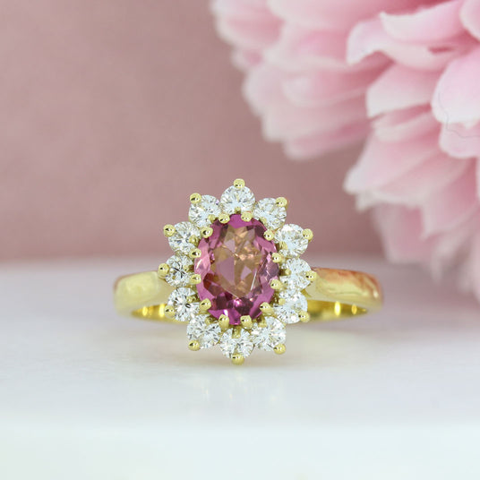 18ct Yellow Gold Oval Pink Tourmaline & Diamond Cluster Ring